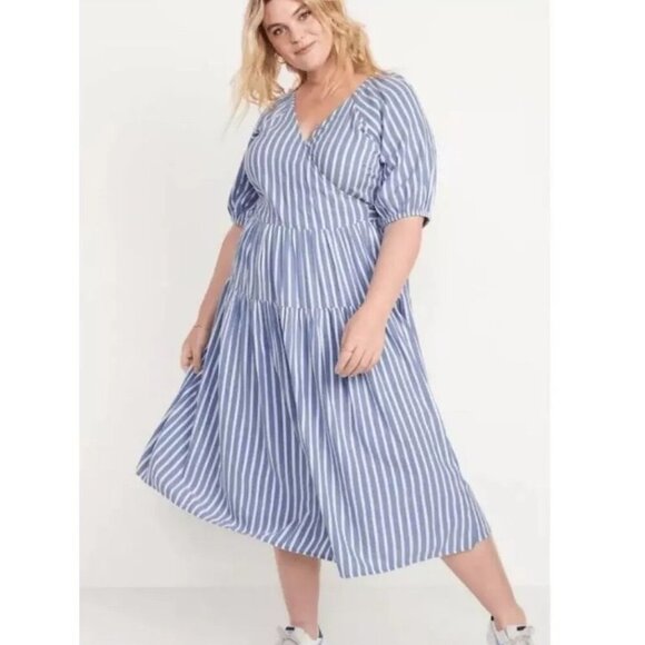 Old Navy Womens Wrap Midi Dress Puff Sleeve Smocked Stripes Blue White Size XL - Picture 1 of 14